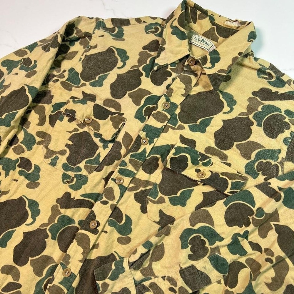 LL Bean Shirt Chamois Cotton Duck Camo Mens 17 Large 80s USA Distressed